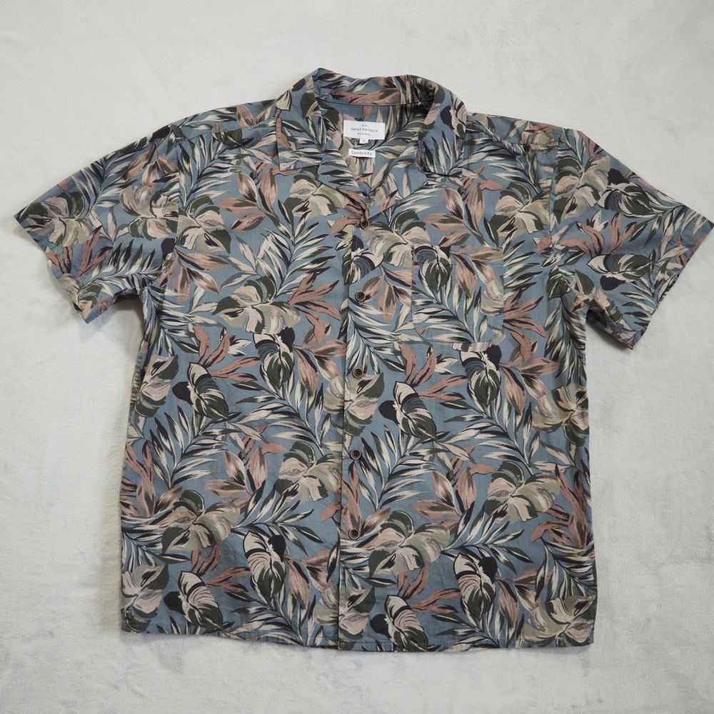 Casual Leaf-Print Short Sleeve Button-Down Shirt - Blue/Multi